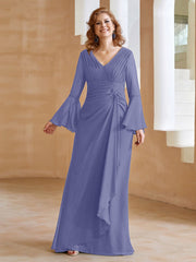 Robe en Mousseline de A-ligne à Col en V avec Manches Longues Longueur au Sol Pervenche