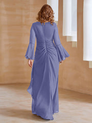 Robe en Mousseline de A-ligne à Col en V avec Manches Longues Longueur au Sol Pervenche