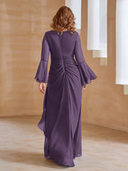 Robe en Mousseline de A-ligne à Col en V avec Manches Longues Longueur au Sol Plum Grande Taille