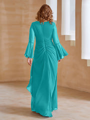 Robe en Mousseline de A-ligne à Col en V avec Manches Longues Longueur au Sol Piscine