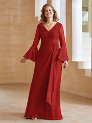 Robe en Mousseline de A-ligne à Col en V avec Manches Longues Longueur au Sol Rouge Grande Taille