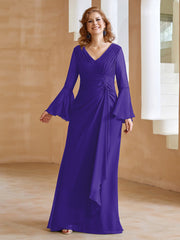 Robe en Mousseline de A-ligne à Col en V avec Manches Longues Longueur au Sol Régence