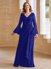Robe en Mousseline de A-ligne à Col en V avec Manches Longues Longueur au Sol Bleu Royale