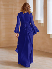 Robe en Mousseline de A-ligne à Col en V avec Manches Longues Longueur au Sol Bleu Royale Grande Taille