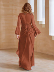 Robe en Mousseline de A-ligne à Col en V avec Manches Longues Longueur au Sol Rouille Grande Taille