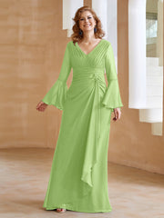 Robe en Mousseline de A-ligne à Col en V avec Manches Longues Longueur au Sol Sauge