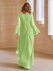 Robe en Mousseline de A-ligne à Col en V avec Manches Longues Longueur au Sol Sauge