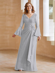 Robe en Mousseline de A-ligne à Col en V avec Manches Longues Longueur au Sol Argent Grande Taille