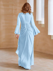 Robe en Mousseline de A-ligne à Col en V avec Manches Longues Longueur au Sol Bleu Ciel