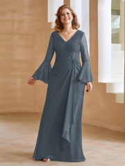 Robe en Mousseline de A-ligne à Col en V avec Manches Longues Longueur au Sol Bleu de Schiste