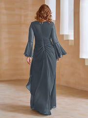 Robe en Mousseline de A-ligne à Col en V avec Manches Longues Longueur au Sol Bleu de Schiste