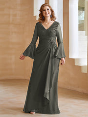 Robe en Mousseline de A-ligne à Col en V avec Manches Longues Longueur au Sol Gris Acier