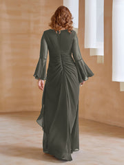 Robe en Mousseline de A-ligne à Col en V avec Manches Longues Longueur au Sol Gris Acier