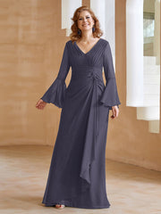 Robe en Mousseline de A-ligne à Col en V avec Manches Longues Longueur au Sol Orageux Grande Taille