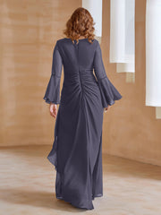 Robe en Mousseline de A-ligne à Col en V avec Manches Longues Longueur au Sol Orageux Grande Taille