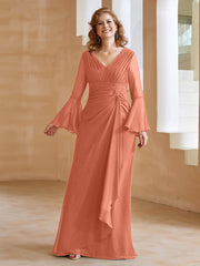 Robe en Mousseline de A-ligne à Col en V avec Manches Longues Longueur au Sol Crépuscule