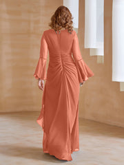 Robe en Mousseline de A-ligne à Col en V avec Manches Longues Longueur au Sol Crépuscule