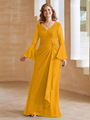Robe en Mousseline de A-ligne à Col en V avec Manches Longues Longueur au Sol Mandarine