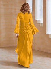 Robe en Mousseline de A-ligne à Col en V avec Manches Longues Longueur au Sol Mandarine