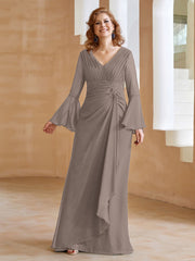 Robe en Mousseline de A-ligne à Col en V avec Manches Longues Longueur au Sol Taupe Grande Taille
