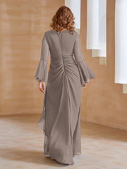 Robe en Mousseline de A-ligne à Col en V avec Manches Longues Longueur au Sol Taupe