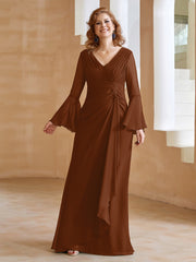 Robe en Mousseline de A-ligne à Col en V avec Manches Longues Longueur au Sol Terracotta Grande Taille