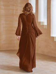 Robe en Mousseline de A-ligne à Col en V avec Manches Longues Longueur au Sol Terracotta