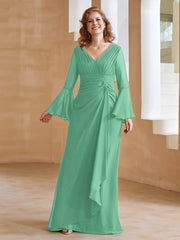 Robe en Mousseline de A-ligne à Col en V avec Manches Longues Longueur au Sol Turquoise Grande Taille