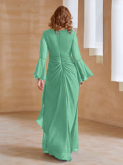 Robe en Mousseline de A-ligne à Col en V avec Manches Longues Longueur au Sol Turquoise Grande Taille