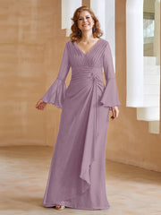Robe en Mousseline de A-ligne à Col en V avec Manches Longues Longueur au Sol Vintage Mauve