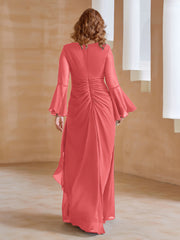 Robe en Mousseline de A-ligne à Col en V avec Manches Longues Longueur au Sol Pastèque