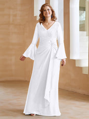 Robe en Mousseline de A-ligne à Col en V avec Manches Longues Longueur au Sol Blanc Grande Taille