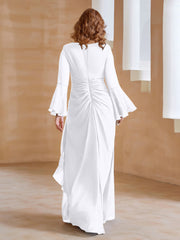 Robe en Mousseline de A-ligne à Col en V avec Manches Longues Longueur au Sol Blanc Grande Taille