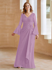 Robe en Mousseline de A-ligne à Col en V avec Manches Longues Longueur au Sol Glycine Grande Taille