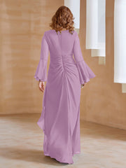 Robe en Mousseline de A-ligne à Col en V avec Manches Longues Longueur au Sol Glycine Grande Taille