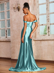 Robe en Satin Extensible à Hors de l'Épaule avec Traîne de Balayage Teal