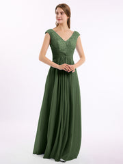 Mancherons Mousseline Et Dentelle Robe Avec Col En V Olive Verte