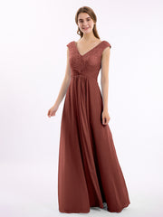 Mancherons Mousseline Et Dentelle Robe Avec Col En V terracotta