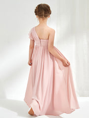 Robes de Demoiselle d'Honneur Junior à Une Épaule avec Manches Flottantes Rose Poudré