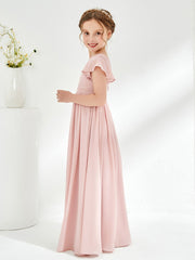 Robes de Demoiselle d'Honneur Junior à Une Épaule avec Manches Flottantes Rose Poudré