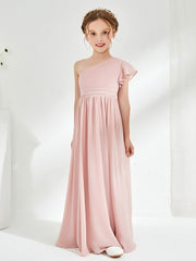 Robes de Demoiselle d'Honneur Junior à Une Épaule avec Manches Flottantes Rose Poudré