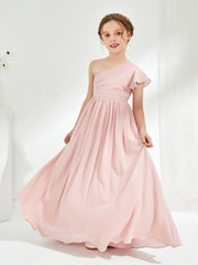 Robes de Demoiselle d'Honneur Junior à Une Épaule avec Manches Flottantes Rose Poudré