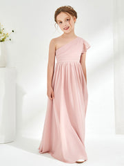 Robes de Demoiselle d'Honneur Junior à Une Épaule avec Manches Flottantes Rose Poudré