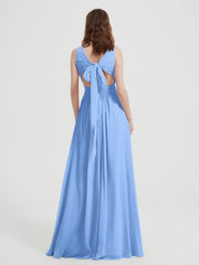 Dos Ouvert Mousseline Robes Avec Col En V Bleu Grande Taille