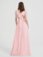 Dos Ouvert Mousseline Robes Avec Col En V Rose Pâle Grande Taille