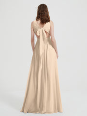 Dos Ouvert Mousseline Robes Avec Col En V Champagne Grande Taille