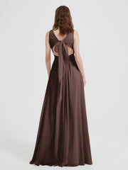 Dos Ouvert Mousseline Robes Avec Col En V Chocolat
