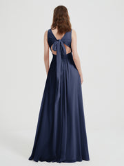 Dos Ouvert Mousseline Robes Avec Col En V Bleu Marine Grande Taille