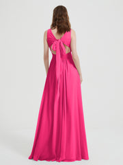 Dos Ouvert Mousseline Robes Avec Col En V Fuchsia