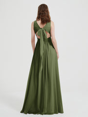 Dos Ouvert Mousseline Robes Avec Col En V Olive Verte